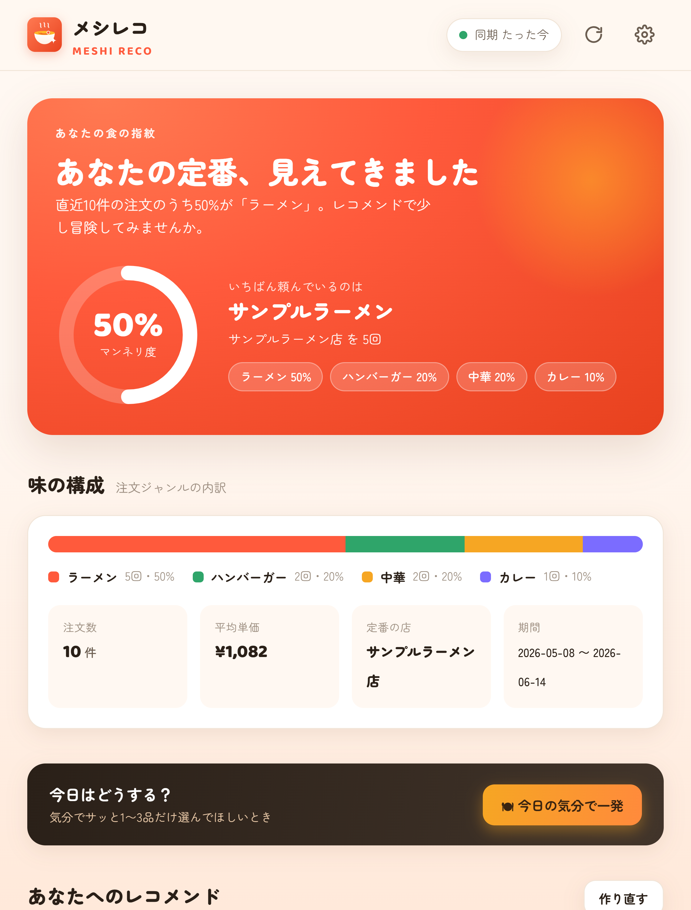 注文履歴からジャンルの偏り、よく頼む料理や店、平均単価を表示するメシレコの画面