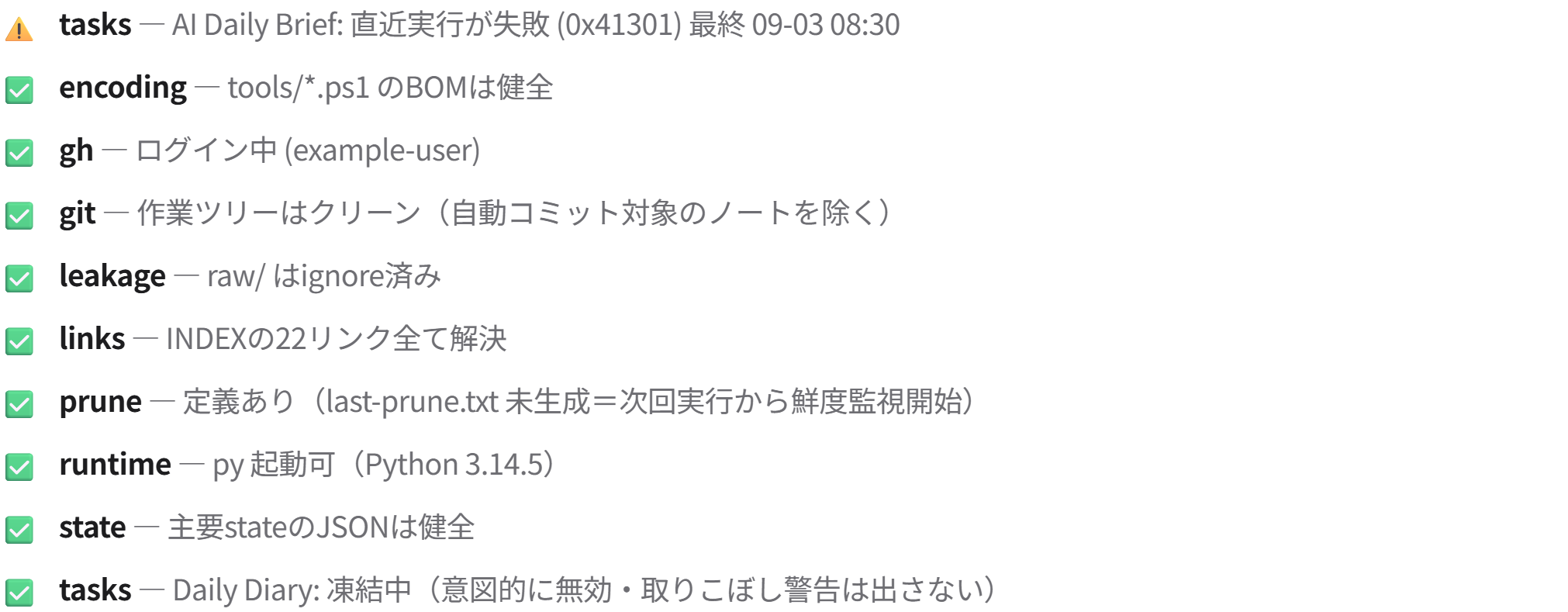 タスクの結果0x41301を失敗と表示していた、修正前のヘルスチェック画面